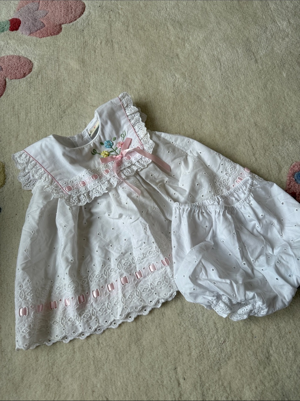 Vintage White Eyelet Baby Dress with Pink Ribbon Accent